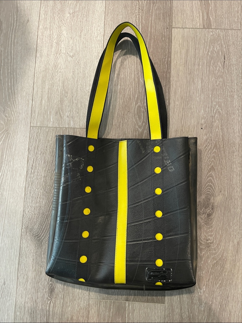 Black Tote with Yellow Trim and Button Detail